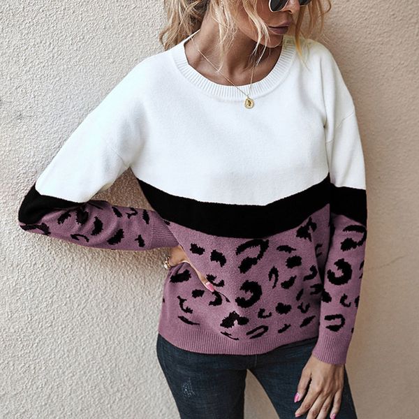 

new 2021 fashion leopard patchwork autumn winter ladies knitted sweater women o-neck full sleeve jumper pullovers khaki brown ts46, White;black