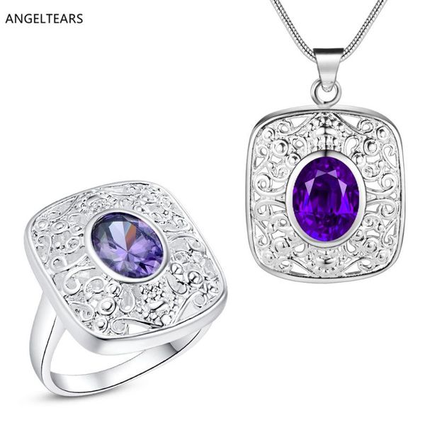 

earrings & necklace wholesale silver plated square pendant ring fashion jewelry set with zircon woman girl christmas gift low price