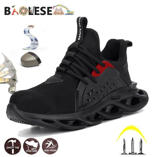 

boots baolesem man safety shoes men work steel cap toe anti-smashing softness breathable female sneakers lightweight, Black