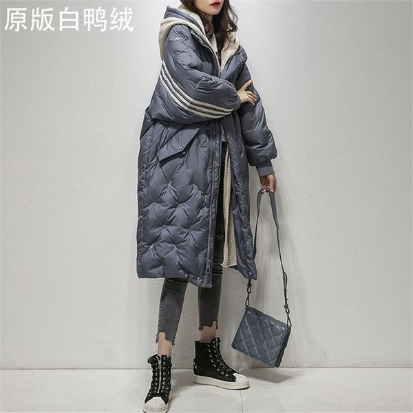 

fashion long down jacket women's wear 2021 winter new korean white duck hooded loose over knee thickened, Black