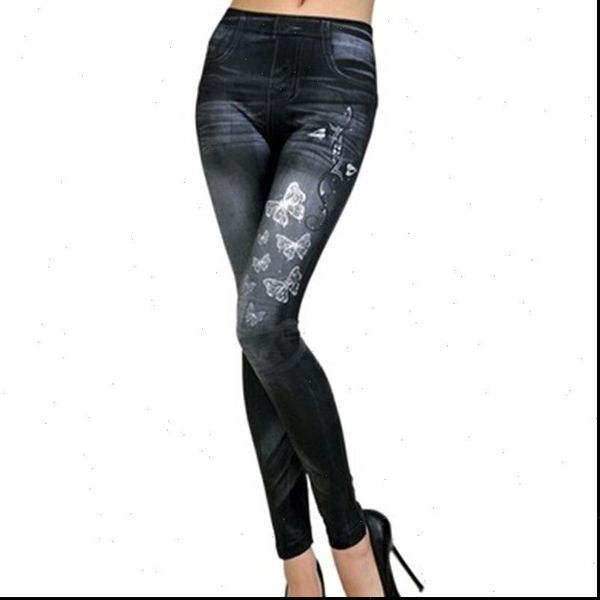 

new women leggings high waist butterfly printing leggin skinny faux jeans legging female casual fashion denim legging trousers, Black