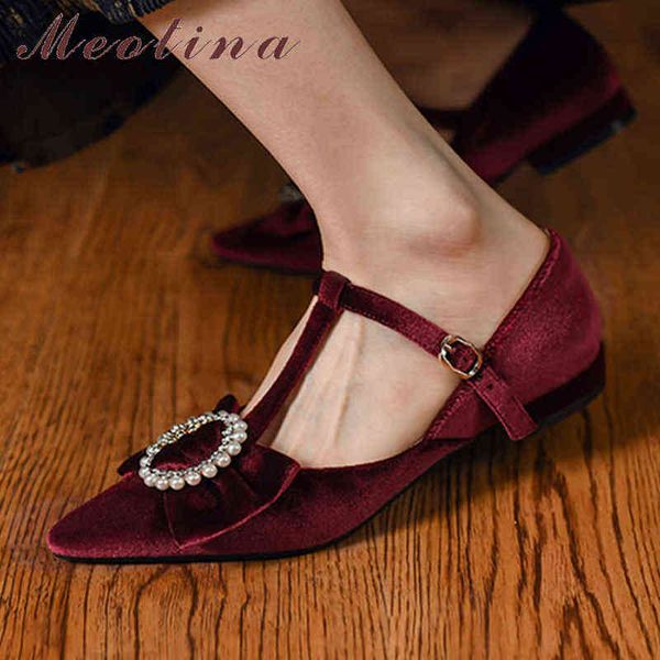 

women's t-belt flat leather shoes narrow with bow wine red and black spring 220209