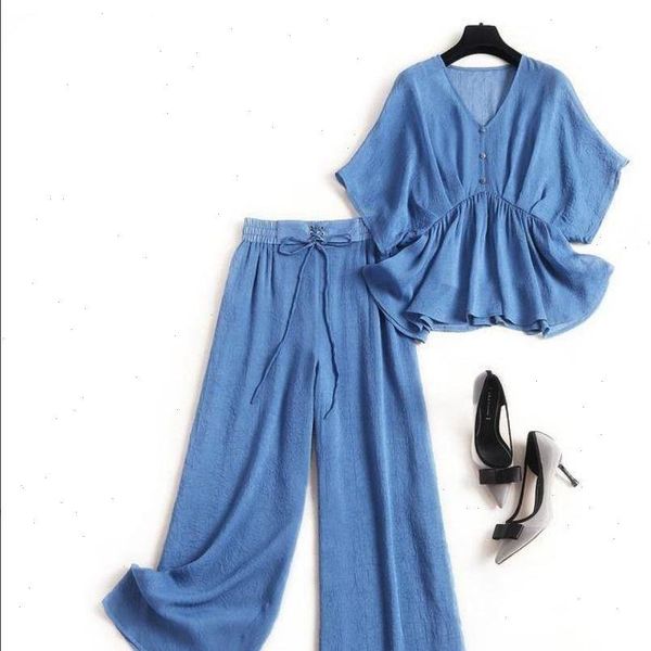 

women 2021 summer fashion casual solid 2 piece sets clothes new female v neck loose wide leg pants two piece suits, Gray