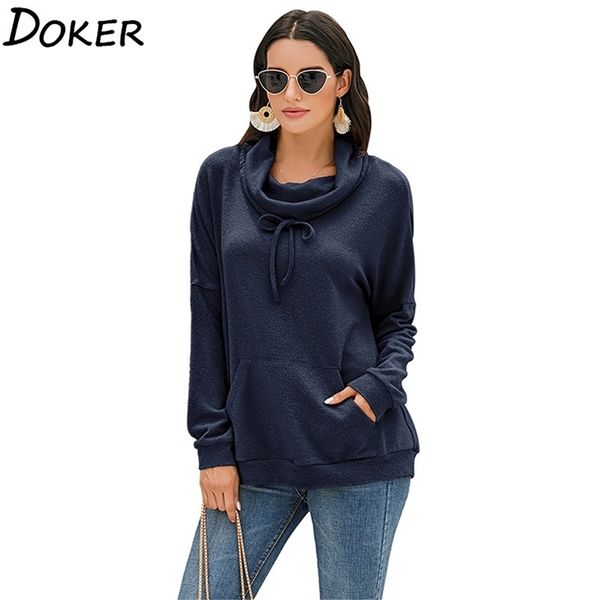

long sleeve pullover sweatshirt women scarf collar warm with pocket casual loose solid color sweatshirts. 210603, Black
