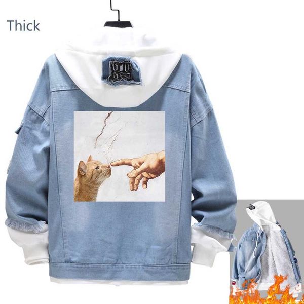 

men's jackets autumn winter thick denim jacket hip hop men clothing funny cute cat and manpower with print jean anime fashion coat, Black;brown