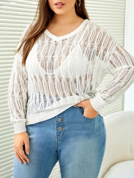 

plus sheer cable knit sweater without bra n9b2#, Black