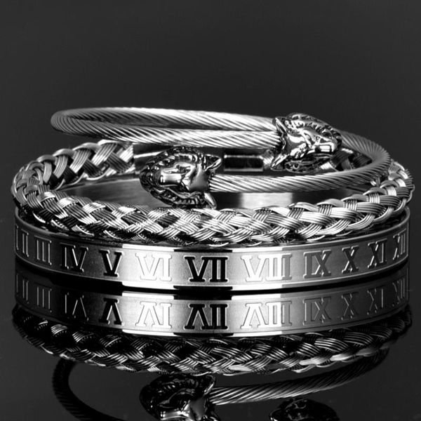 

charm bracelets luxury set stainless steel bracelet hip hop men jewelry wolf head open brangle carving roman numerals pulseira bileklik, Golden;silver