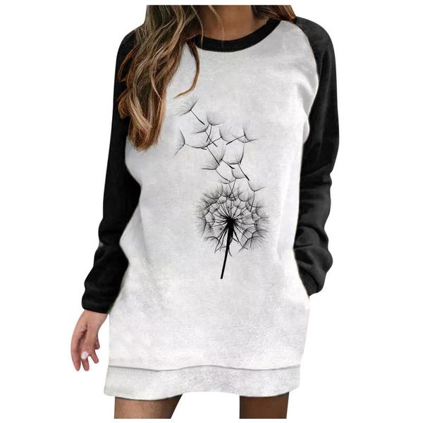 

women's hoodies & sweatshirts ladies contrast color dandelion o neck plus size long sleeve loose printing pocket sweatshirt suk, Black