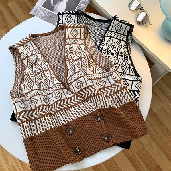 

women's vests zoki fashion women argyle vest pullover autumn button v neck sleeveless sweater winter korean knit jumper black coat 2021, Black;white