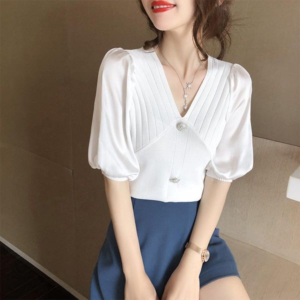

women's t-shirt knitted women thin elegant short sleeve v-neck chiffon stitching white