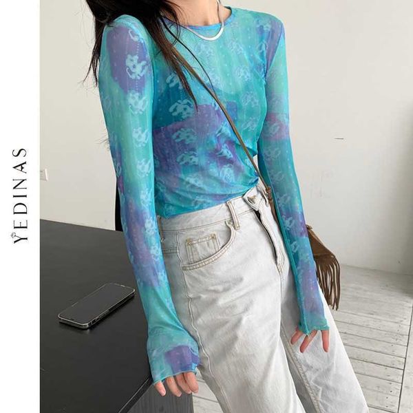 

yedinas aesthetic gradient tie dye mesh t shirts see through slim bodycon tshirt e girl translucent streetwear stretchy 210527, White