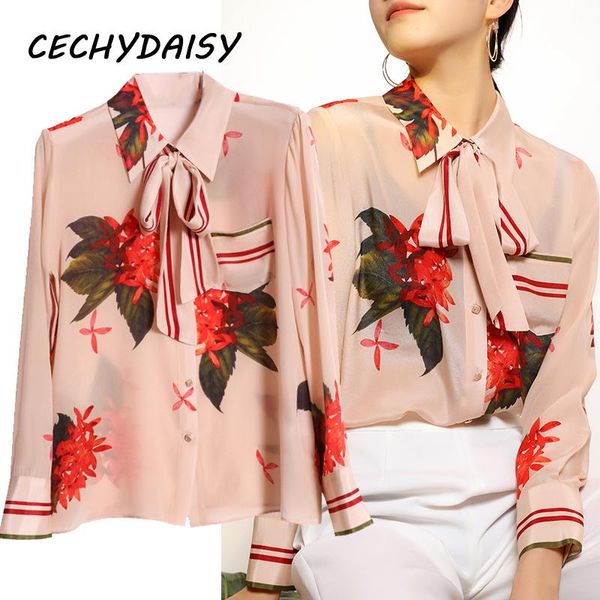 

women's blouses & shirts spring summer 2021 runway blouse fashion turn-down collar long sleeve flower print casual lady blusas, White
