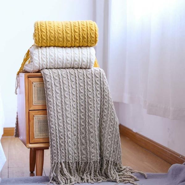 

blankets solid color blanket with tassel warm knitted for bed throw travel air condition 130x220cm bedspread