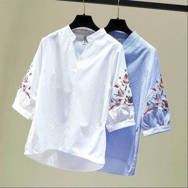 

2021 fashion women ethnic style embroidery shirts blouses summer style casual chemise femme blusas drop shipping, White