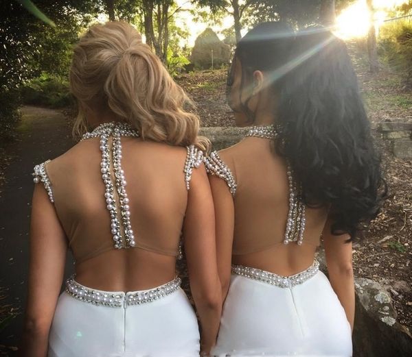 

latest 2021 new two piece arabic evening es pearls beading illusion crop white chiffon mermaid prom party gowns upc9, Black;red
