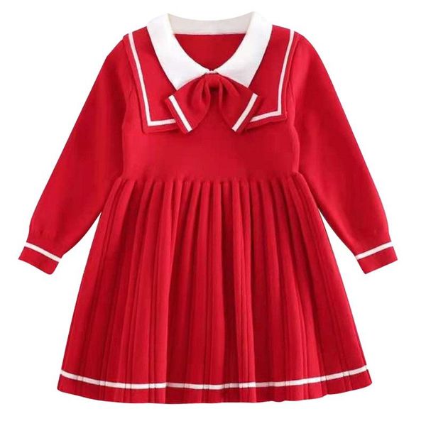 

girl's dresses girls navy wool dress 2021 autumn winter princess christmas sweater knitting college style bow, Red;yellow