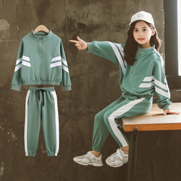 

kids girl striped clothes set 2pcs casual sports teen girls tracksuits spring fall sportswear clothing suits 4 6 8 10 12 years, White