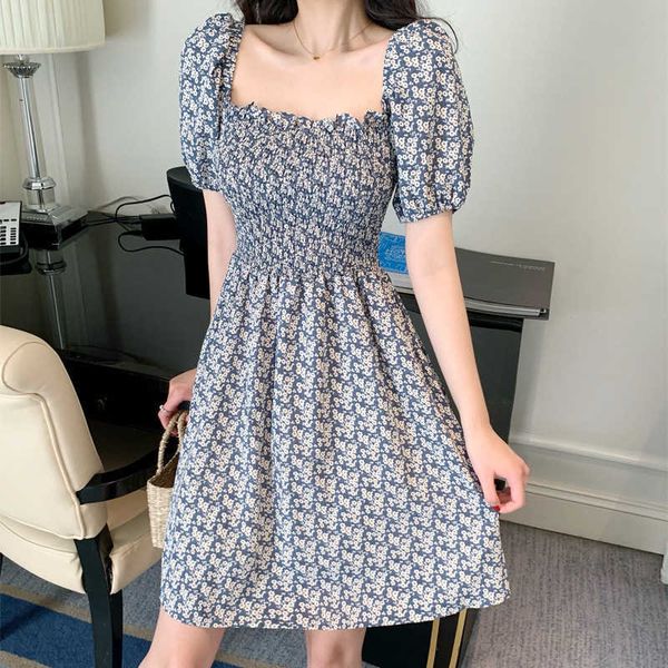 

style dress korean with waist and slim square collar floral pieces 2021 niche design skirt summer women's wear, Black;gray