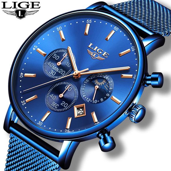 

wristwatches lige 2021 blue fashion mens watches quartz watch men thin dial all steel mesh belt clock waterproof chronograp, Slivery;brown