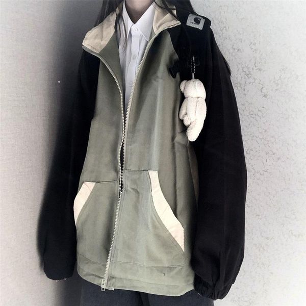 

women's jackets punk stitching jacket women oversize streetwear winter korean vintage loose gothic zipper coat harajuku long sleeve out, Black;brown