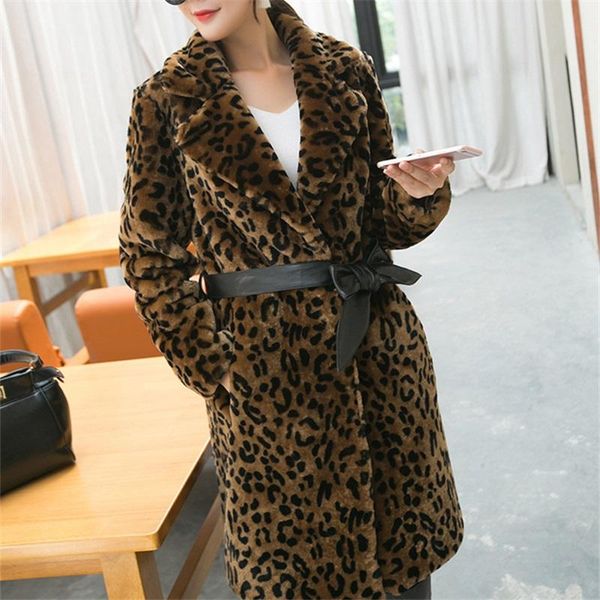 

women's fur & faux women mid-length leopard coat 2021 autumn winter suit collar long-sleeved lace-up waist imitating jacket female outw, Black