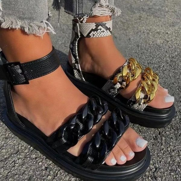 

sandals metal chain 2021 fashion wedge platform gladiator open toe buckle strappy summer shoes women sandalias mujer, Black