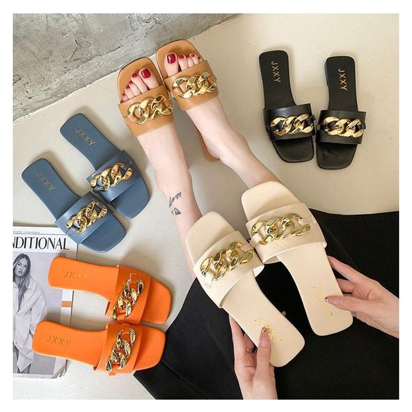 

sandals 2021 women slippers summer fashion metal chain flat square toe female european beach plus size, Black