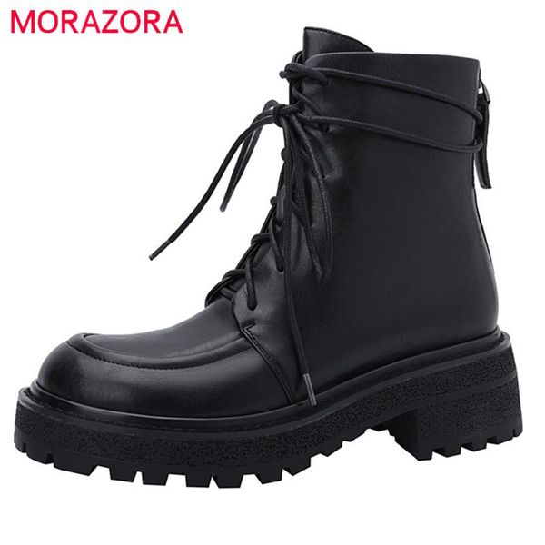 

boots morazora 2022 black vintage genuine leather shoes women ankle lace up zip winter low heels comfortable casual lady