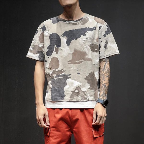

hip summer male camouflage hole men t hop t-shirt o-neck men's 2021 shirts tee fashion fashion retro styletshirt mxwtk, Black