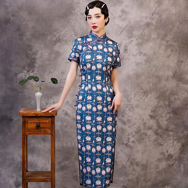 

ethnic clothing print flower women cheongsam plus size 3xl elegant qiapao summer slim chinese dresses blue short sleeve satin vestidos, Red