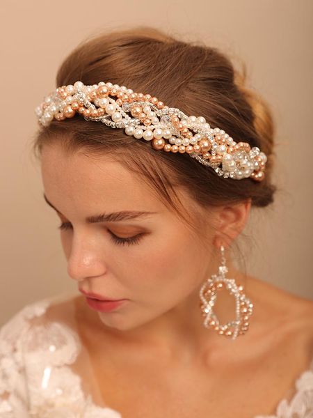 

headpieces luxury champagne bridal pearls headbands and earrings wedding hair decoration sets elegant women handmade hairbands for bride, Silver