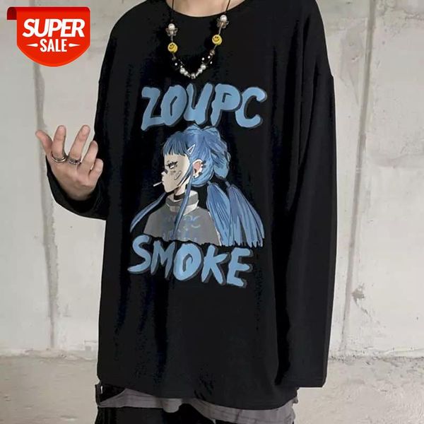 

Long-sleeved T-shirt autumn ins Harajuku bf wind two-dimensional animation printing hip-hop loose male and female student shirt #4F0s, White;black