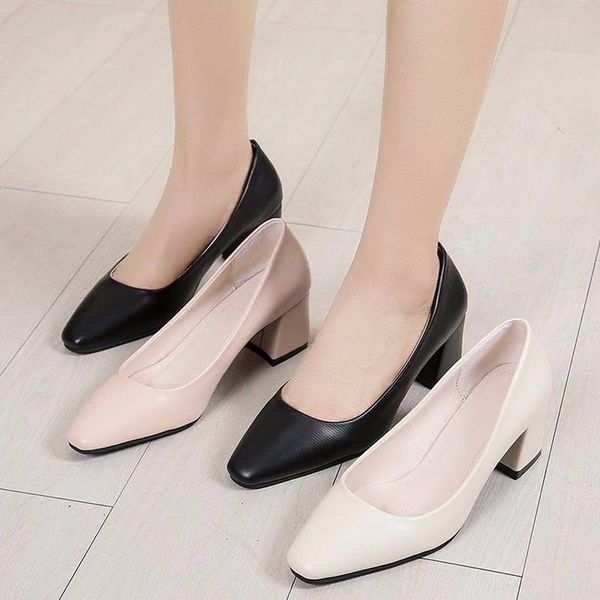 

dress shoes solid leather ladies pumps 2021 fashion thick high heels women woman pointed toe slip on shallow casual, Black