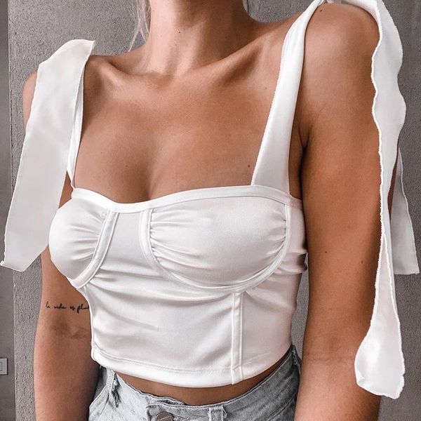 

girls white satin busiter corset spaghetti strap bow tie square neck backless cropped women vintage clothes