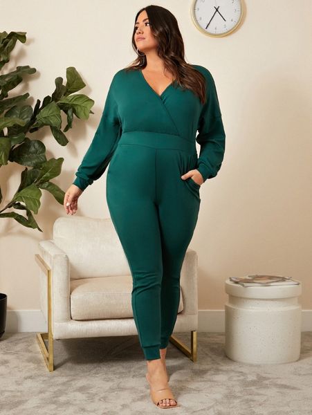 

plus surplice neck zip back jumpsuit m1t6#, Black