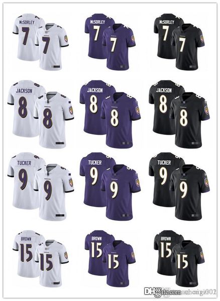

men women youth baltimore ravens 8 lamar jackson 9 justin tucker 15 marquise brown 7 trace mcsorley black purple football jersey, Black;red