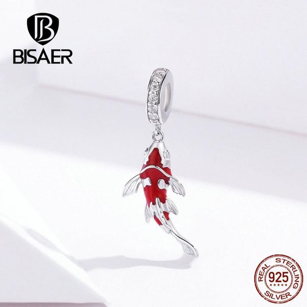 Bisaer Lucky Charms 925 Sterling Silver Red Lucky Carpa Forma Charms Beads Fit Braceletes Prata 925 Jóias EFC085 Q0531