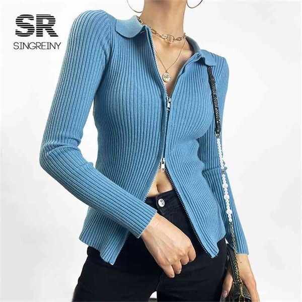 

singreiny autumn zipper knitted sweater women turndown-collar long sleeve elastic winter fashion basic sweaters 210914, White;black
