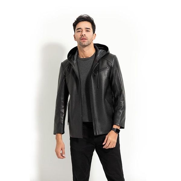 

men's leather & faux sun fish men motorcycle riding pure sheep pipi clothing male 2021 handsome suit coat, Black