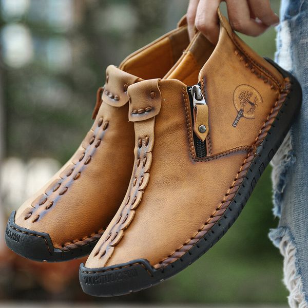 

2021 autumn and winter new large men's boots outdoor casual work hand sewn set foot middle upper leather, Black