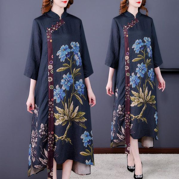 

casual dresses improved cheongsam 2022 spring autumn ethnic style elegant 3/4 sleeve floral dress women plus size with printed d326, Black;gray