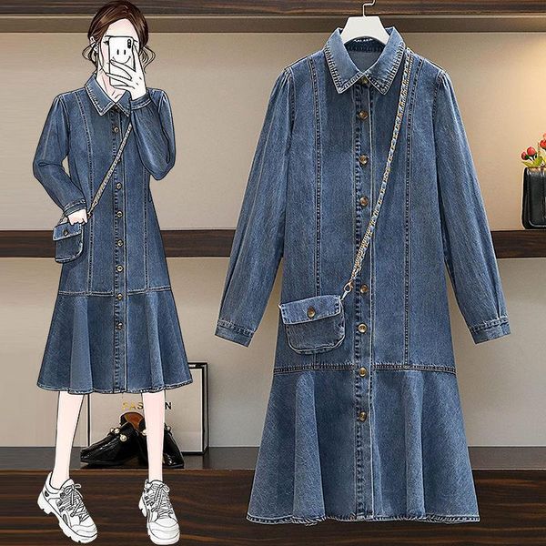 

casual dresses retro plus size long sleeve 2021 fall fashion design lapel denim dress ladies wild loose fishtail e339, Black;gray