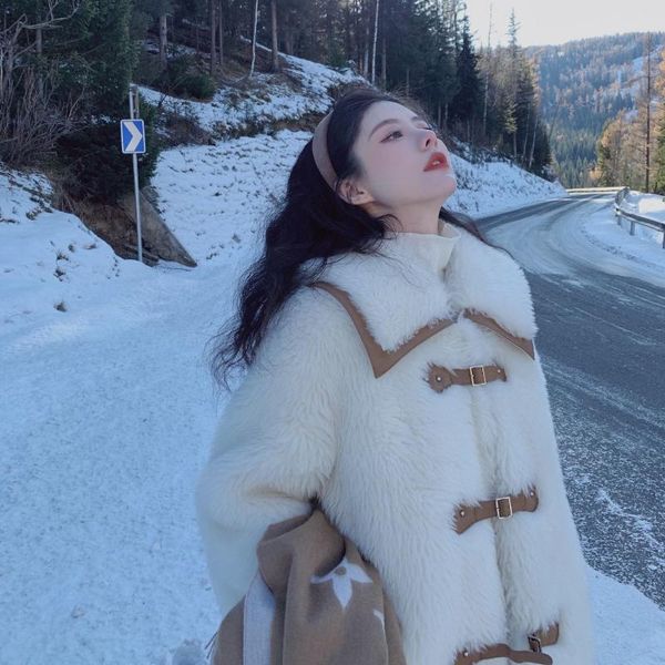 

women's fur & faux office lady fleece buttons short coat women elegant solid soft fabric streetwear jacket fashion warm loose, Black