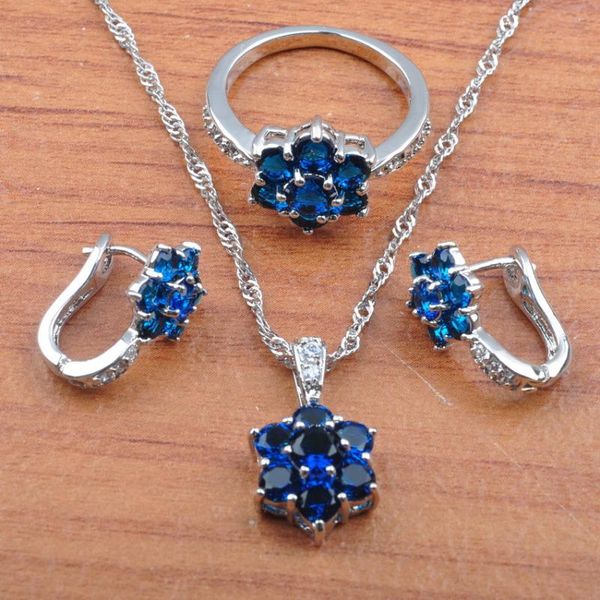 

earrings & necklace christmas gift blue crystal for women birthday jewelry set pendant rings js0502, Silver