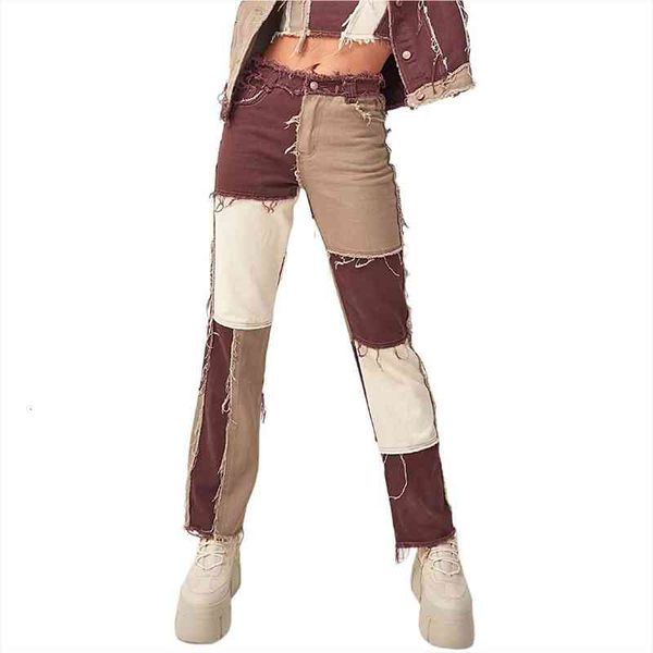 

fall womens jeans high waist slim y2k fashion pants all-match contrast color casual trousers, Blue