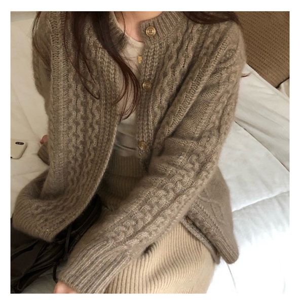 

fall winter new style cashmere sweater cardigan women loose lazy o-neck twist cardigans knitted jacket 210218, White;black