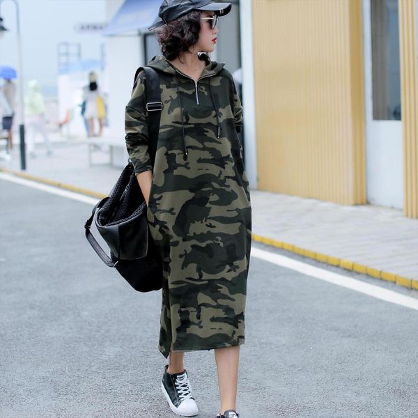 

autumn basic hooded sweatshirts korean womens dresses fashion camouflage hoodies long outwear plus size split casual pullovers, Black;gray