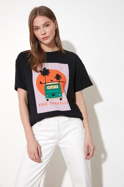 

women's t-shirt trendyol printed boyfriend knitted twoss21ts0060, White