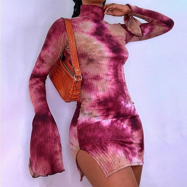 

casual dresses rosy tie-dyed mini bodycon dress y2k women's lturtleneck party club wear long slit flared sleeves slim sheath, Black;gray