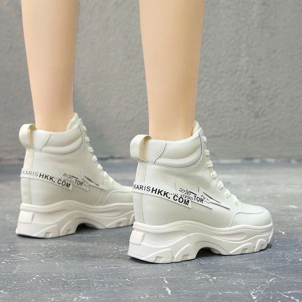 

boots koovan increased white shoes women's velvet lace-up casual sports high heel 11cm sponge cake short for girls, Black